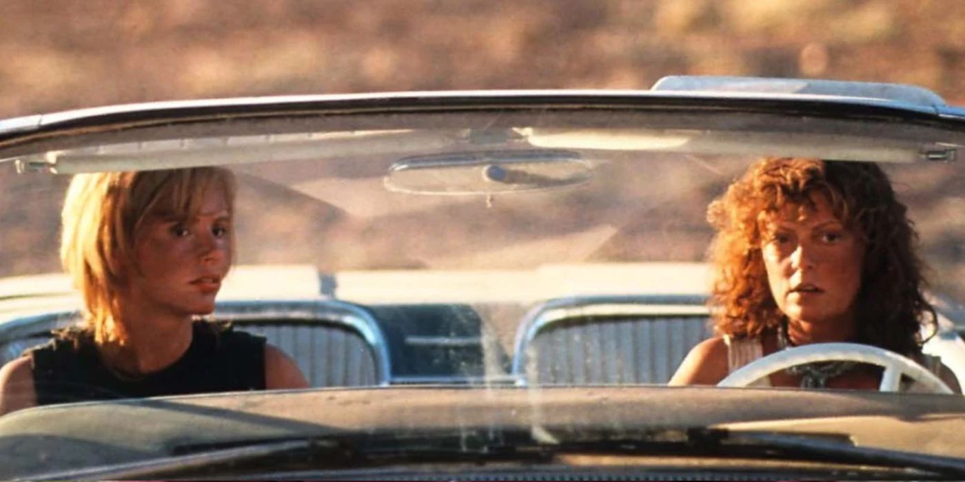Thelma (Geena Davis) and Louise (Susan Sarandon) in the car at the end of Thelma & Louise.