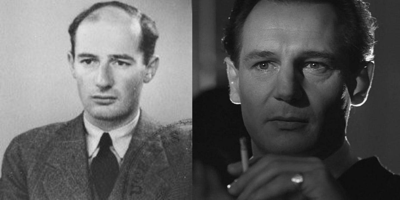 Side by side comparison of the real Oskar Schindler and his portrayal by Liam Neeson in Schindler's List