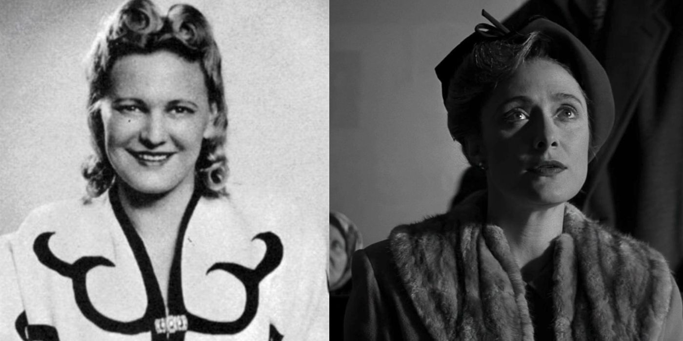 Side by side comparison of the real Emilie Schindler and her portrayal by Caroline Goodall in Schindler's list