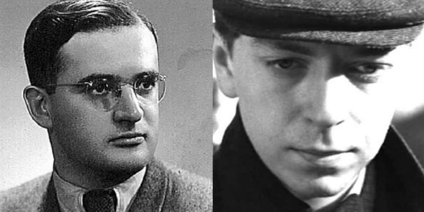 Side by side comparison of the real Mietek Pemper and his portrayal by Grzegorz Kwas in Schindler's List