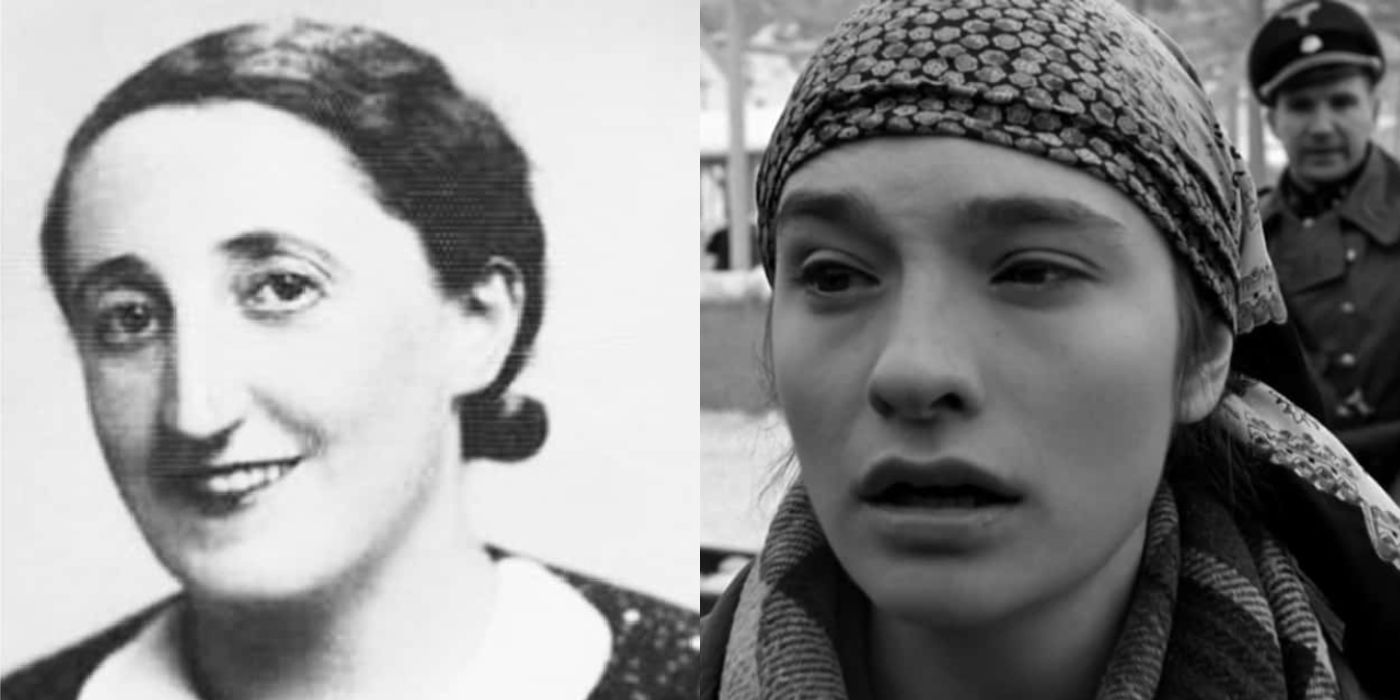 Side by side comparison of the real Diana Reiter and her portrayal by Elina Löwensohn in Schindler's List
