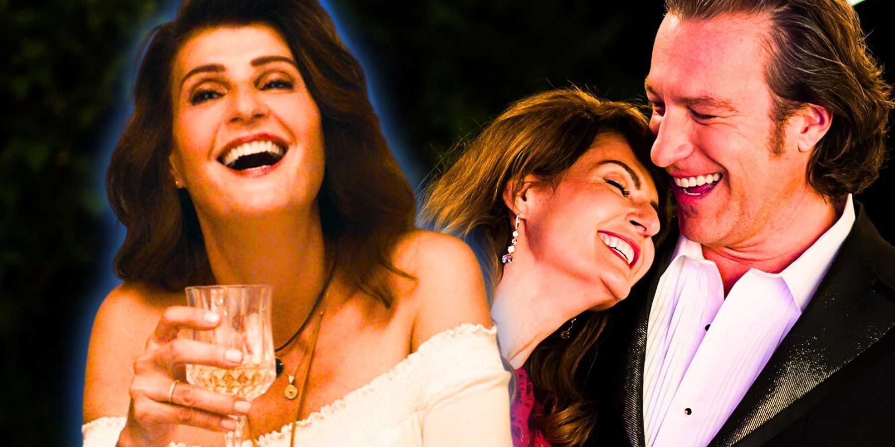 Nia Vardalos in My Big Fat Greek Wedding 3 with background of Toula and Ian in MBFGW2