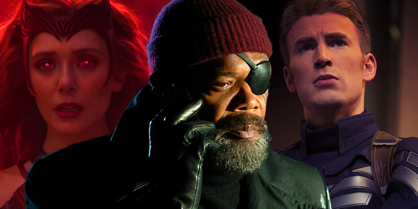 Nick Fury, the Scarlet Witch, and Captain America in the MCU