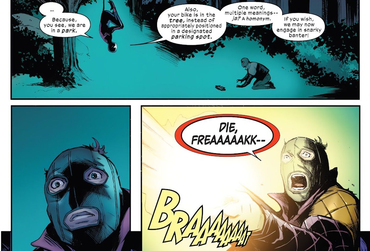 panneaux de Uncanny Spider-Man #1, Nightcrawler Spider-Man fait des blagues
