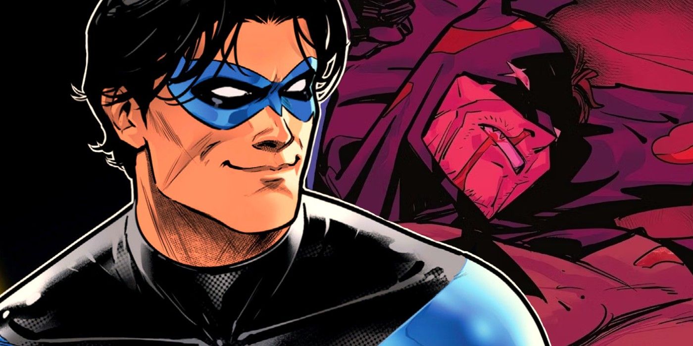 Nightwing smiles in front of a beaten Batman.