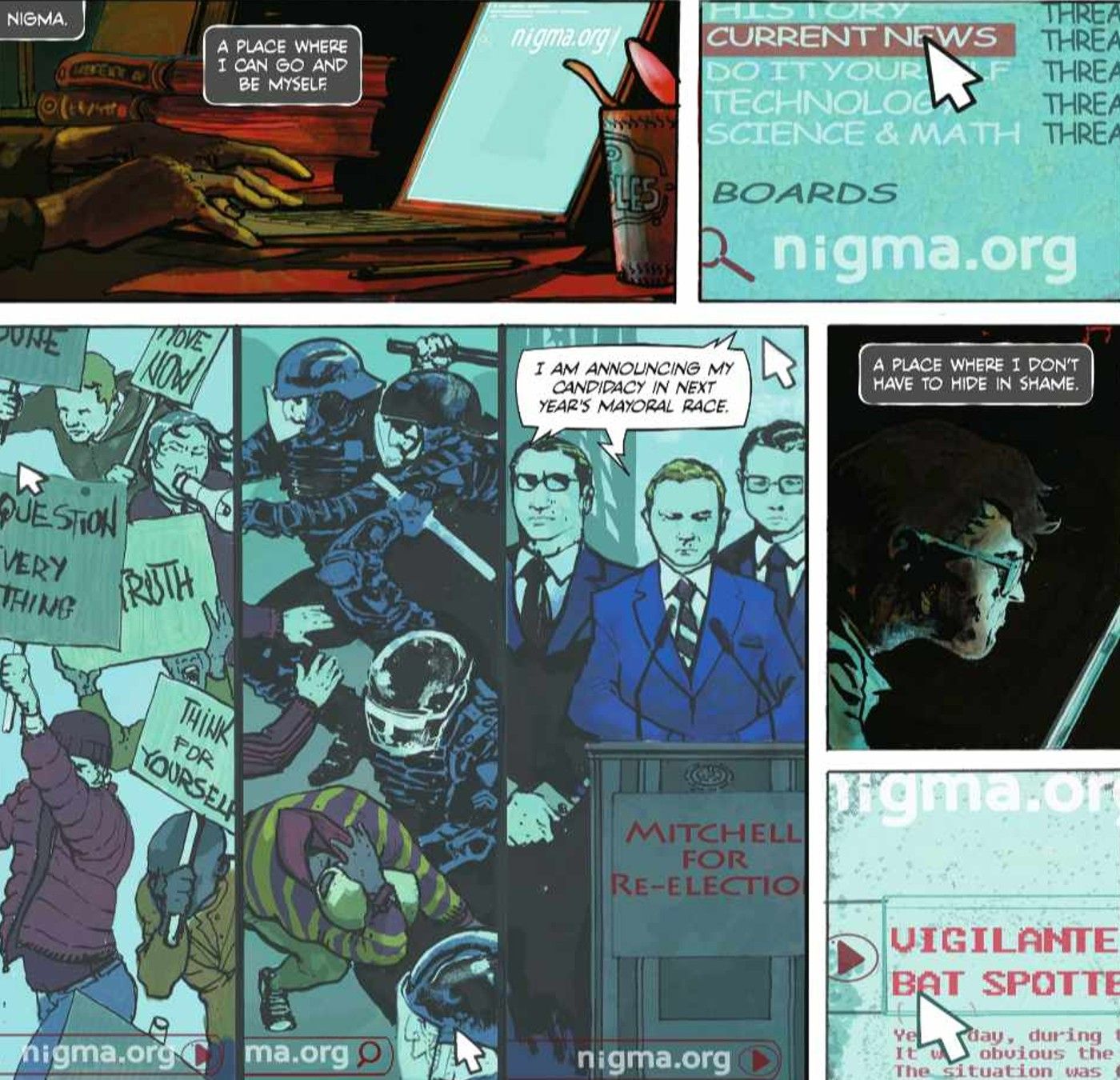 The use of Nigma in The Riddler: Year One as a website for sharing information