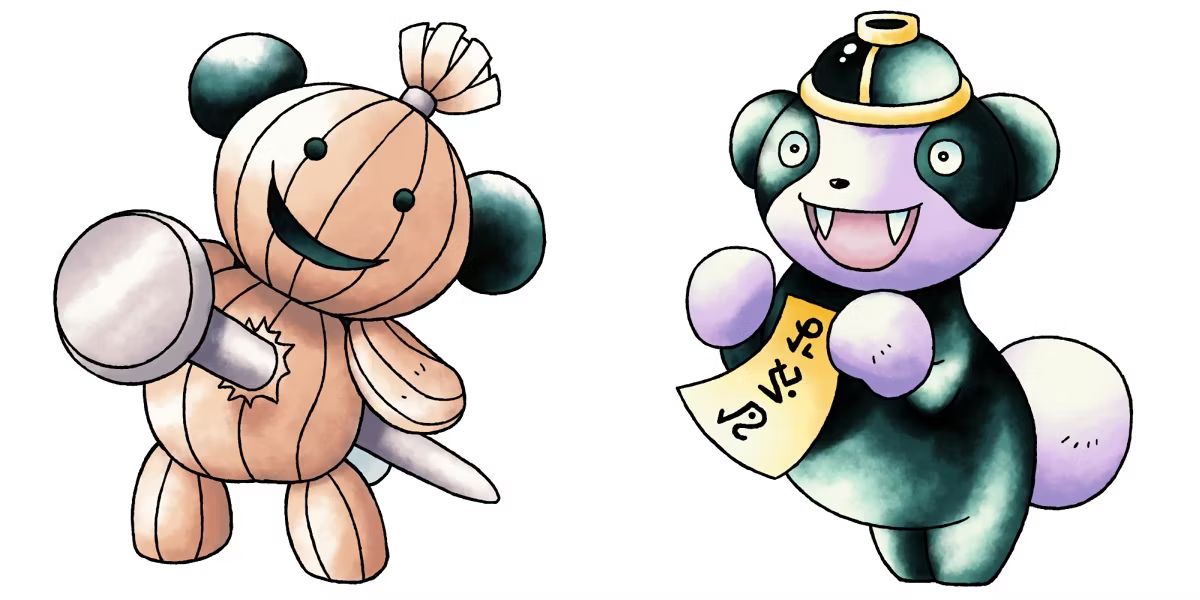 Norowara and Kyonpan bear-like Pokemon designs, with one resembling a voodoo doll and the other a jiangshi.