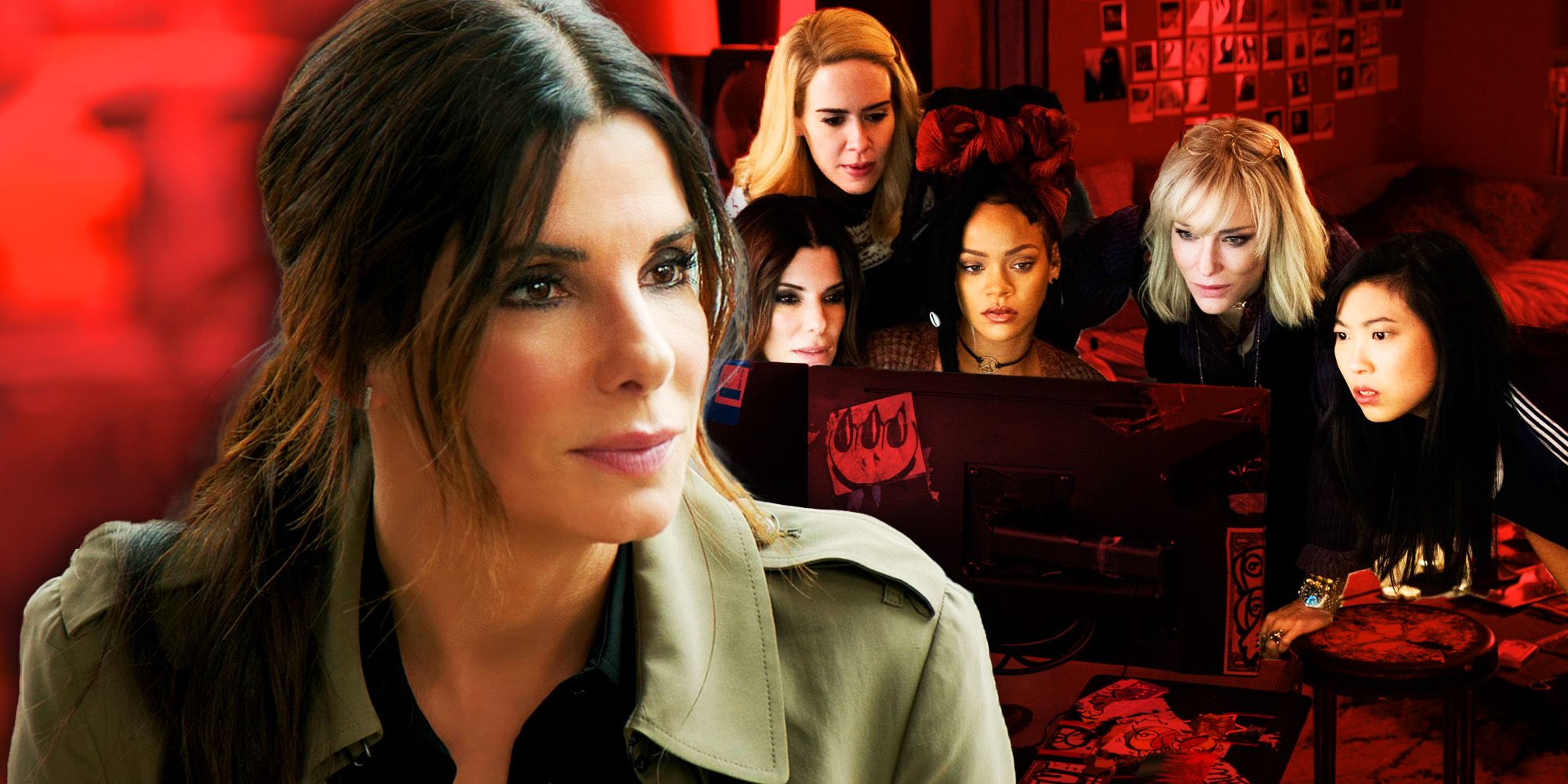 Composite image with Sandra Bullock's Debbie Ocean in the center and the others looking at a monitor in Ocean's Eight.
