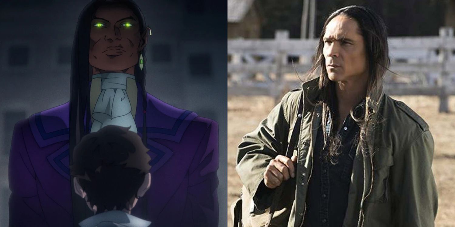 This image shows the character Olrax from Castlevania: Nocturne next to the voice actor Zahn McClarnon.