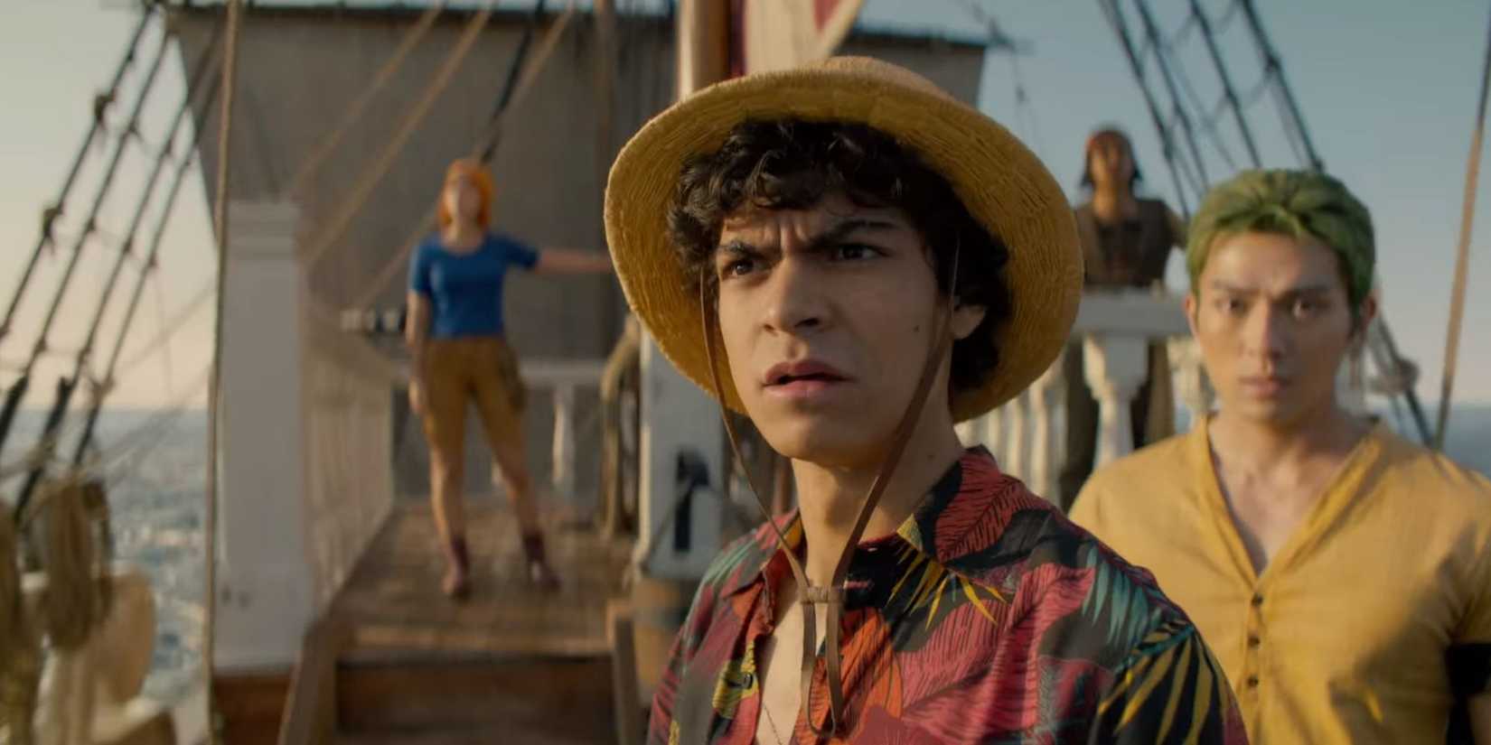 Inaki Godoy as Monkey D. Luffy looking confused on the deck in One Piece.