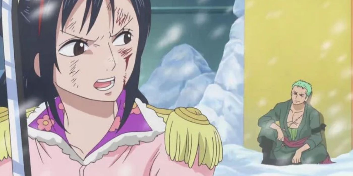 Tashigi holds her katana while looking over her shoulder at Roronoa Zoro in One Piece.