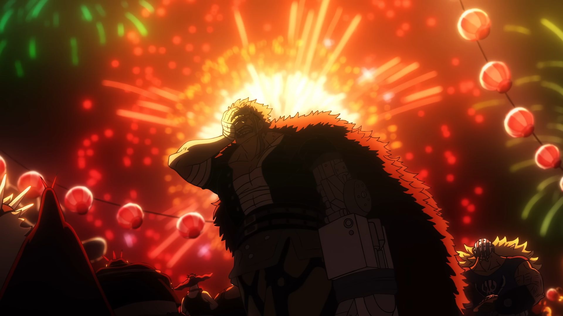 Screenshot of One Piece opening 25 shows Kid and members of his pirate crew with fireworks going on in the background. Kid is holding his face with frustration.