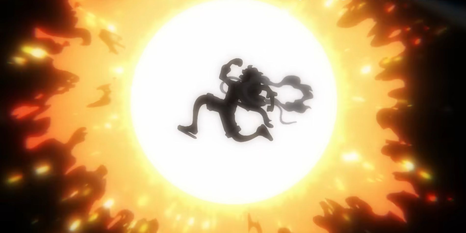 Screenshot from One Piece anime opening 25 shows Gear 5 Luffy's silhouette with the sun blazing behind him.