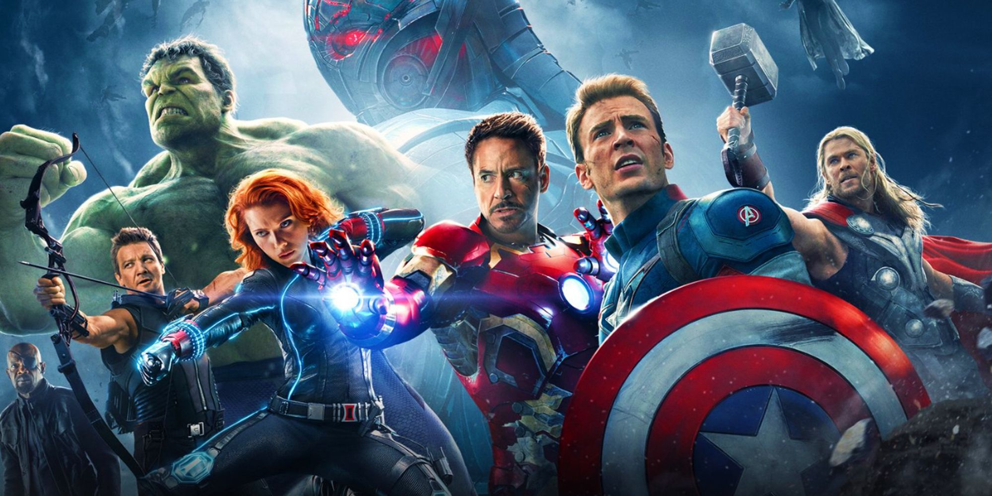 The original six Avengers posing in the poster for Avengers: Age of Ultron