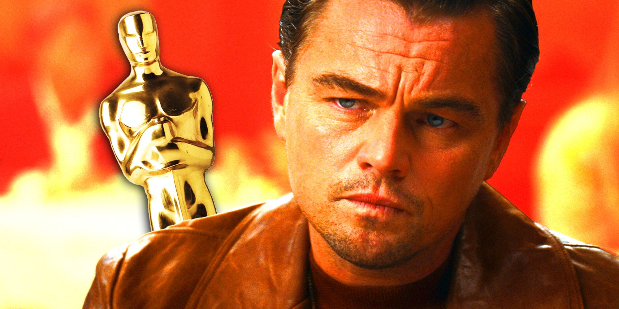 Leonardo DiCaprio looking forlorn with an Oscar behind him