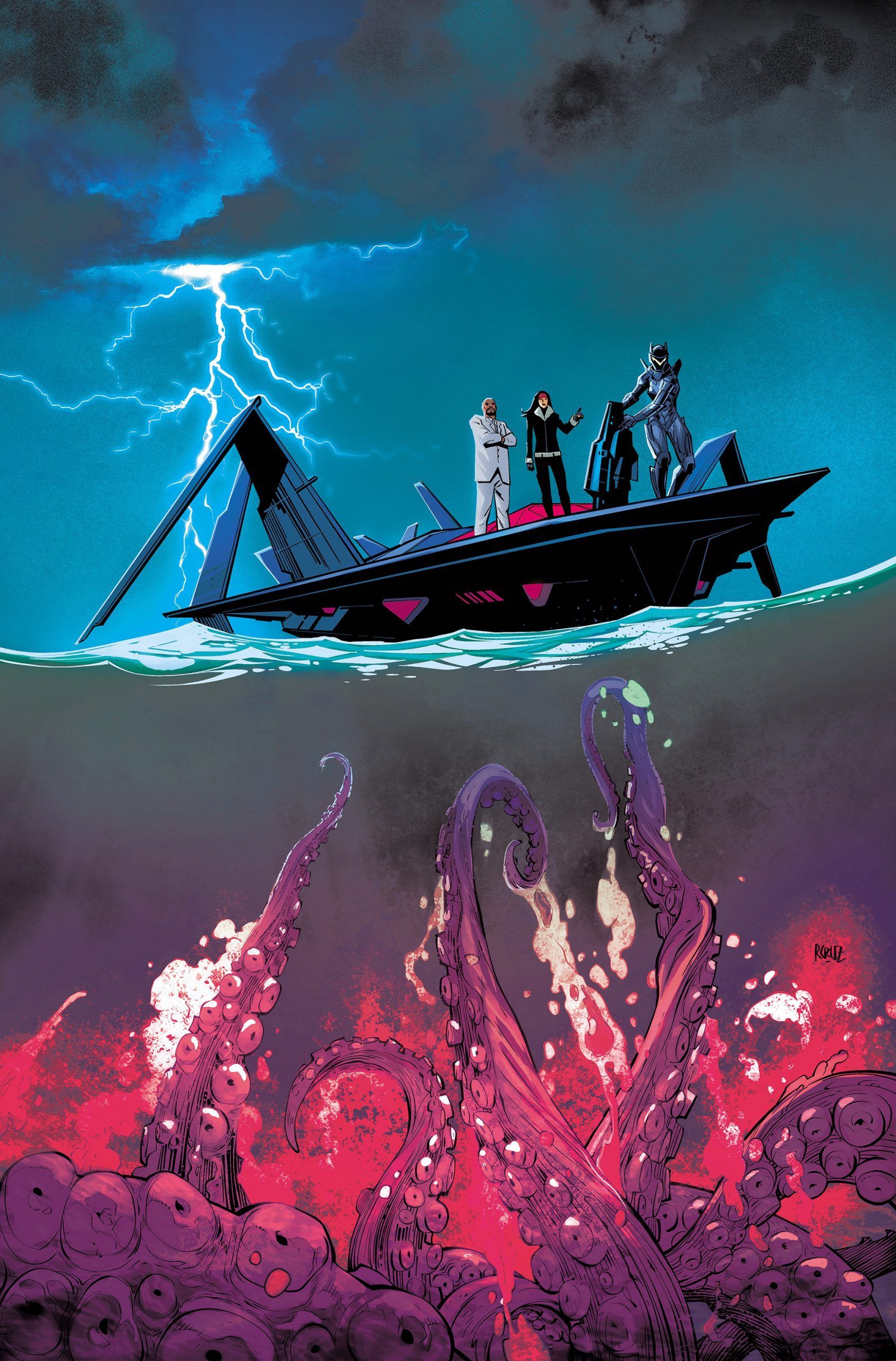Outsiders 2 Preview Cover showing characters standing on ship as tentacles rise below the water