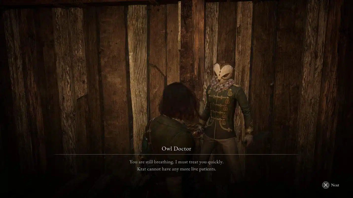 Man speaking to another character wearing an owl mask in Lies of P.