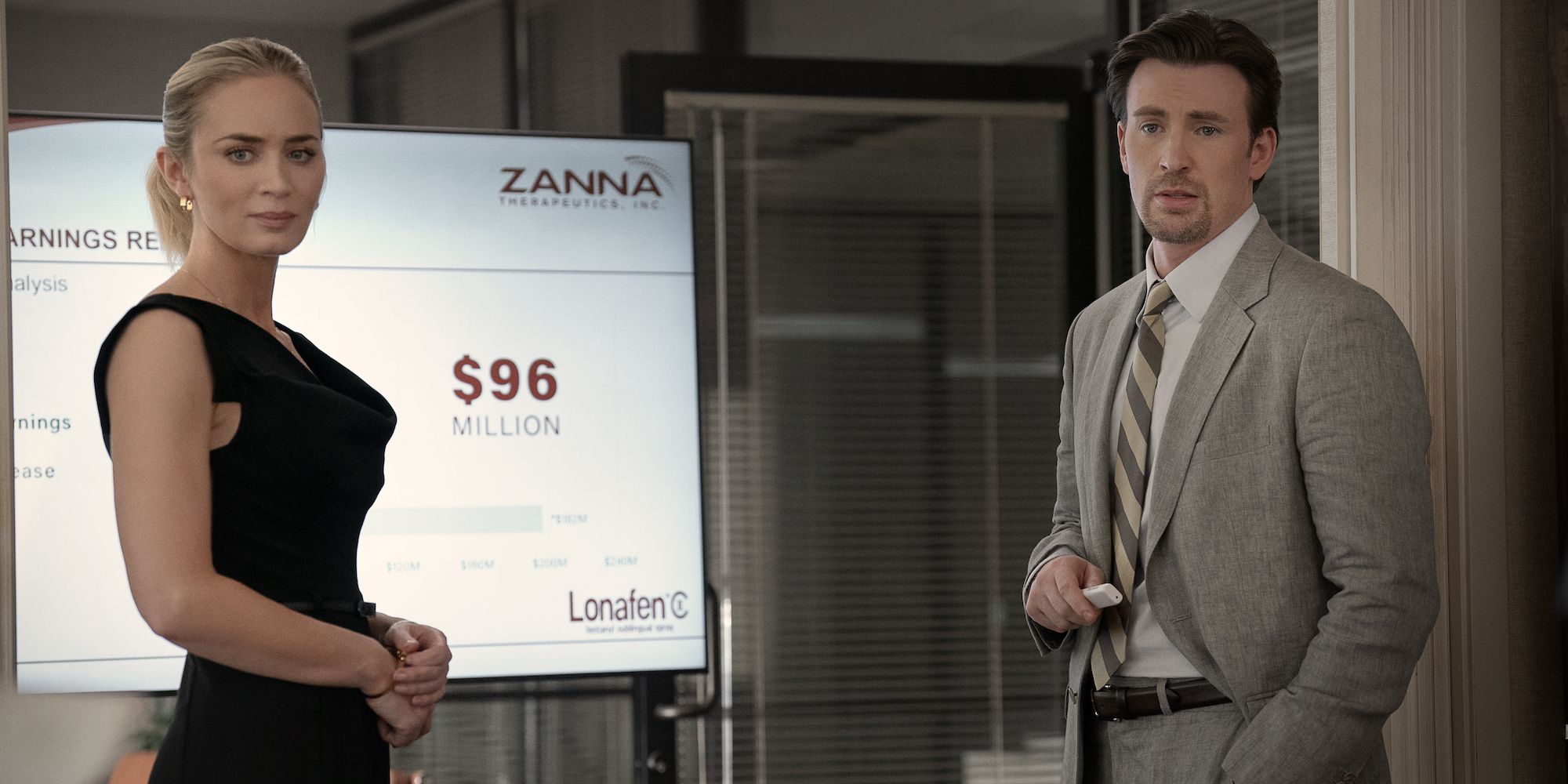 Emily Blunt and Chris Evans in a presentation in Pain Hustlers
