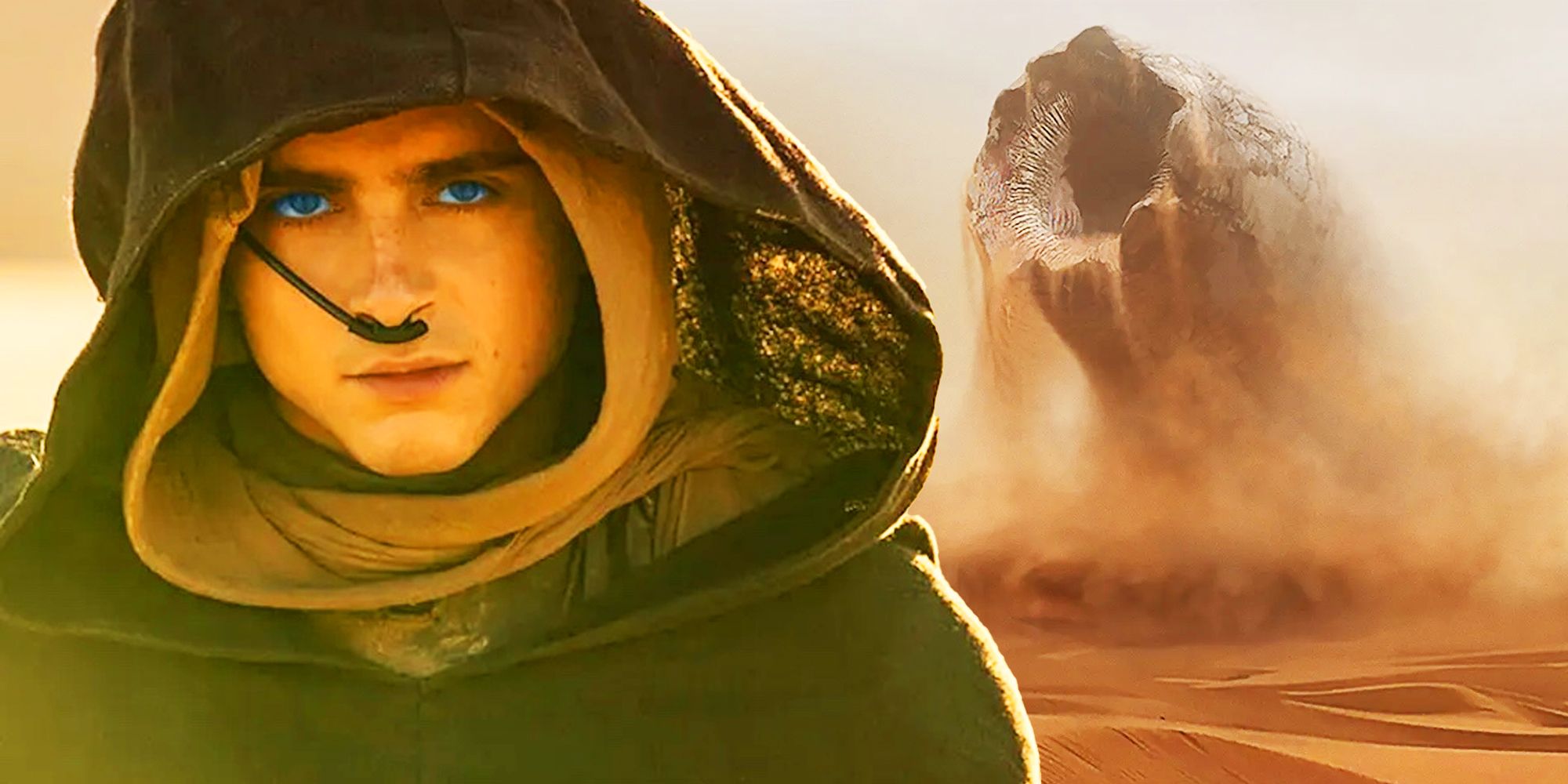 Paul and a sandworm in Dune Part Two
