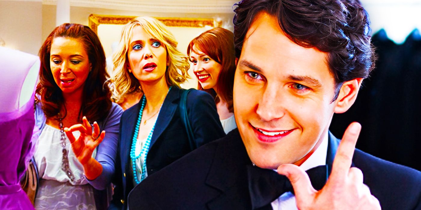 The cast of Bridesmaids and an image of Paul Rudd smiling and pointing upward