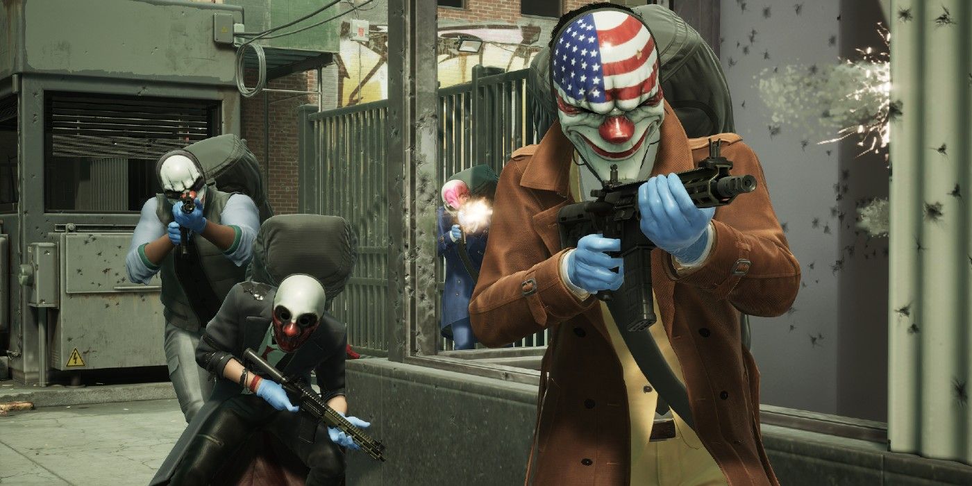 Payday 3 heist showing four masked characters with guns.