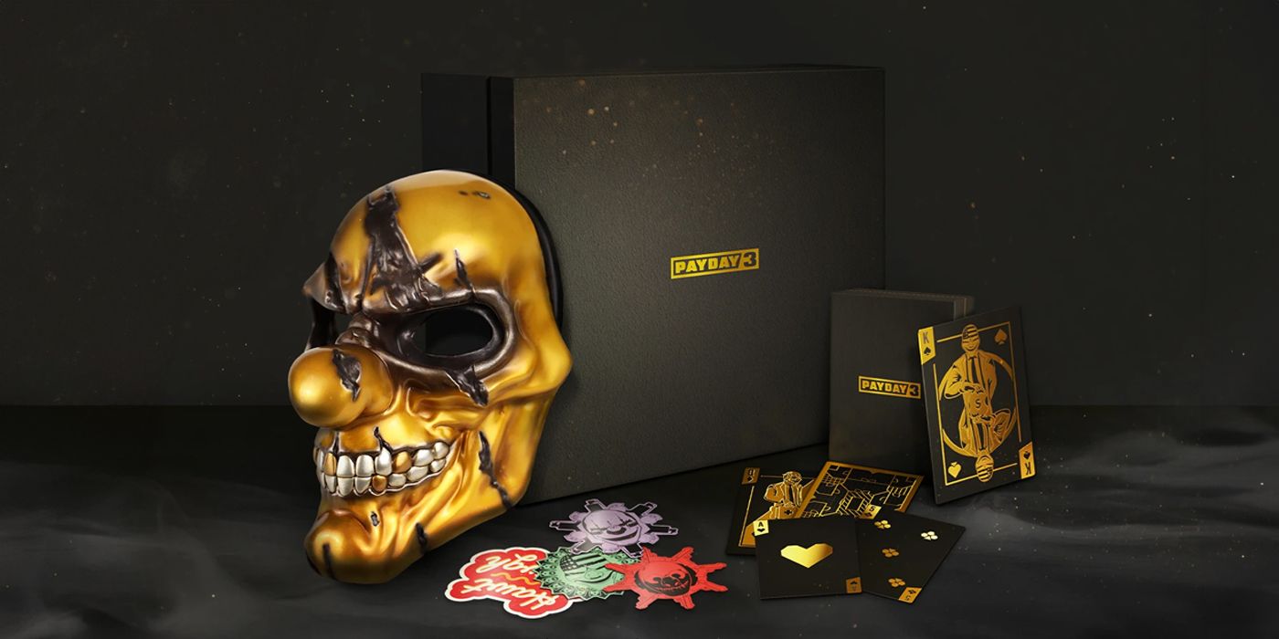 Payday 3’s Collector’s Edition physical bonuses, including a mask, playing cards and stickers.