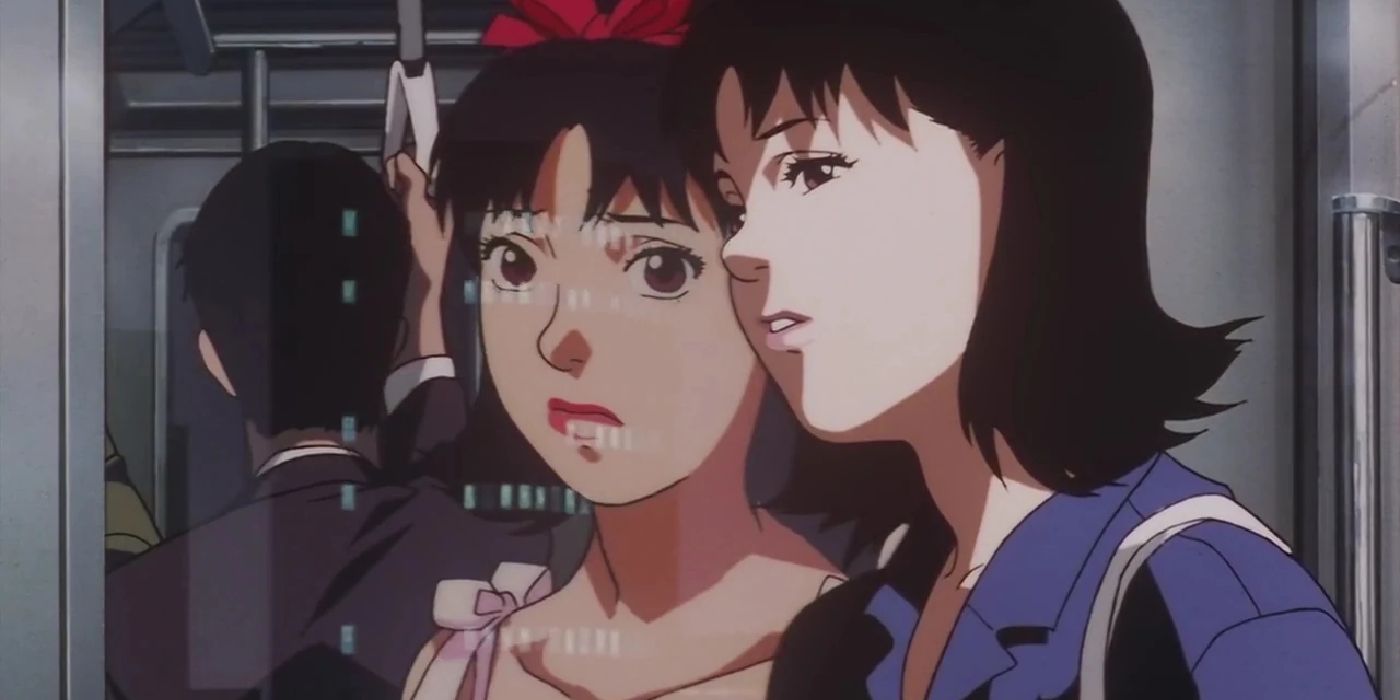 Mima and her pop star persona in the reflection of a bullet train's window in Satoshi Kon's Perfect Blue