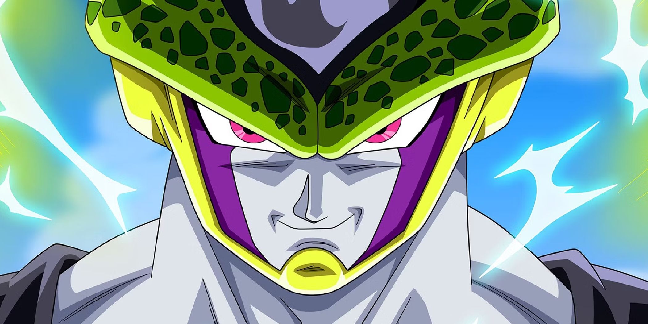 Perfect Cell smiling as energy crackles around him in Dragon Ball Z.