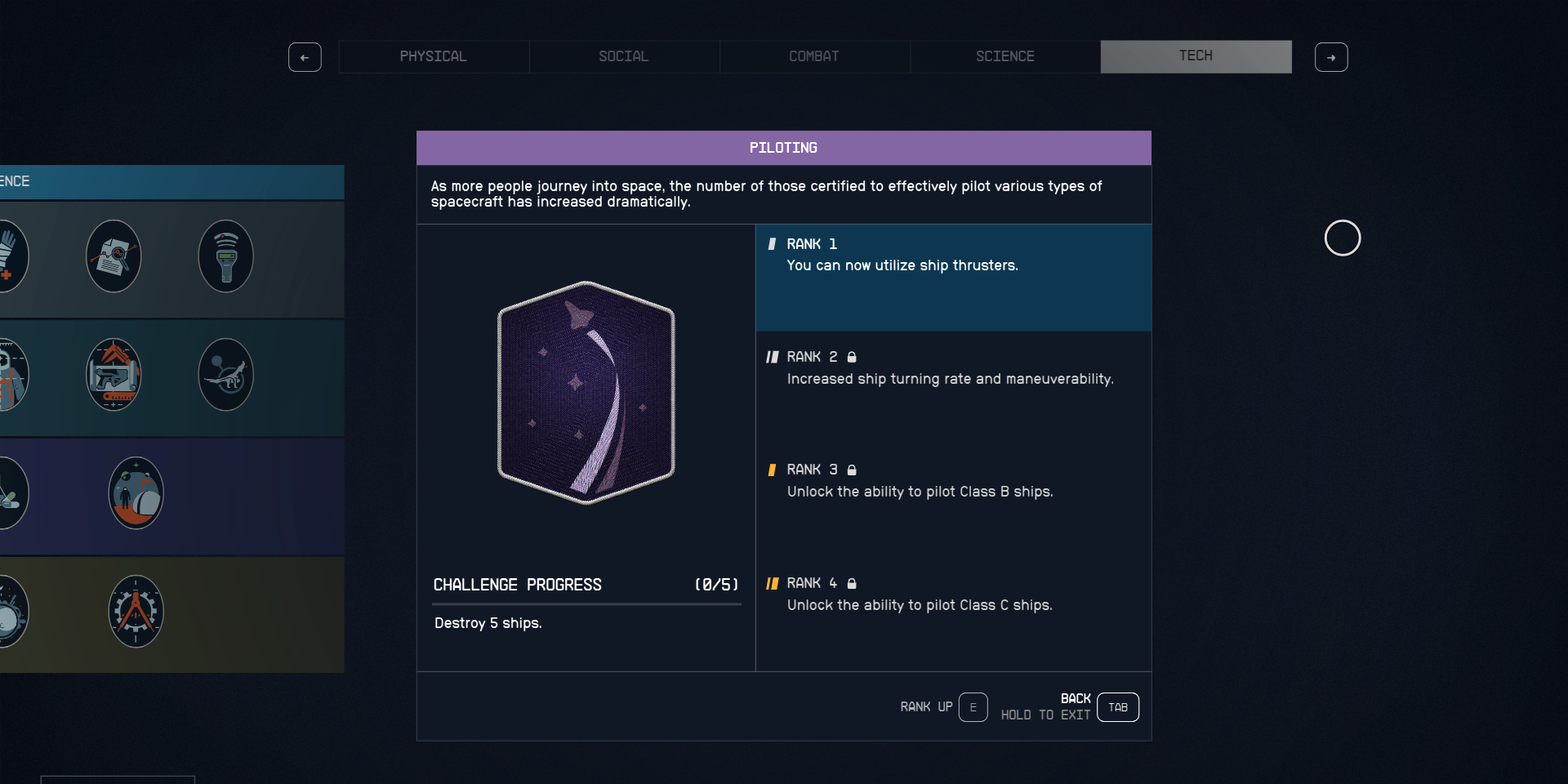 The Piloting Perk description and its ranks in Starfield