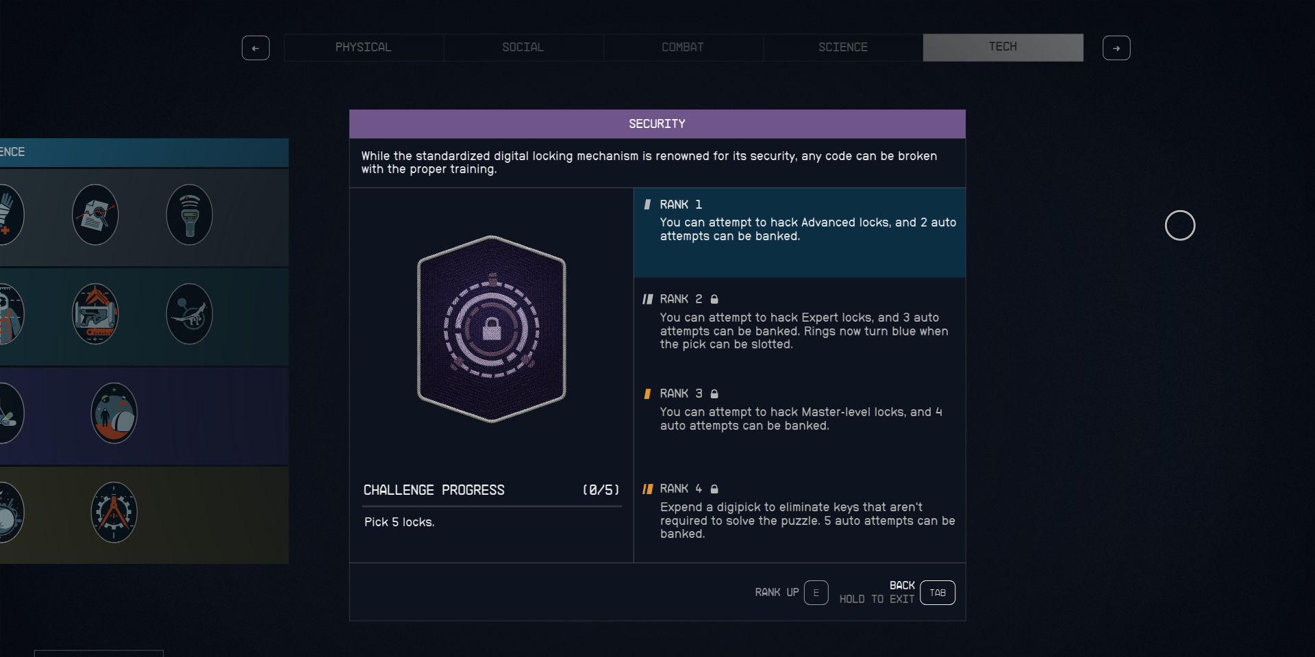 The description of the security perk and its ranks in Starfield