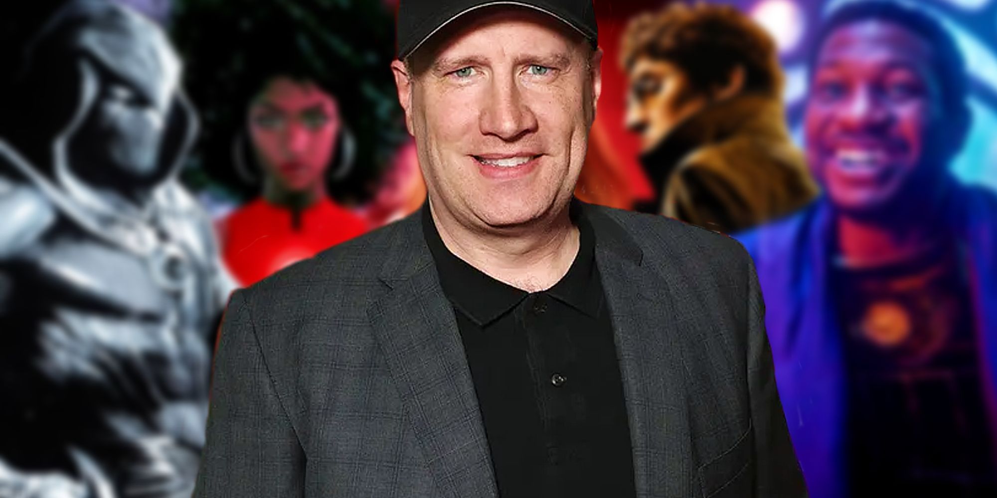 A blurred out image of Phase 4 characters with Kevin Feige overlayed