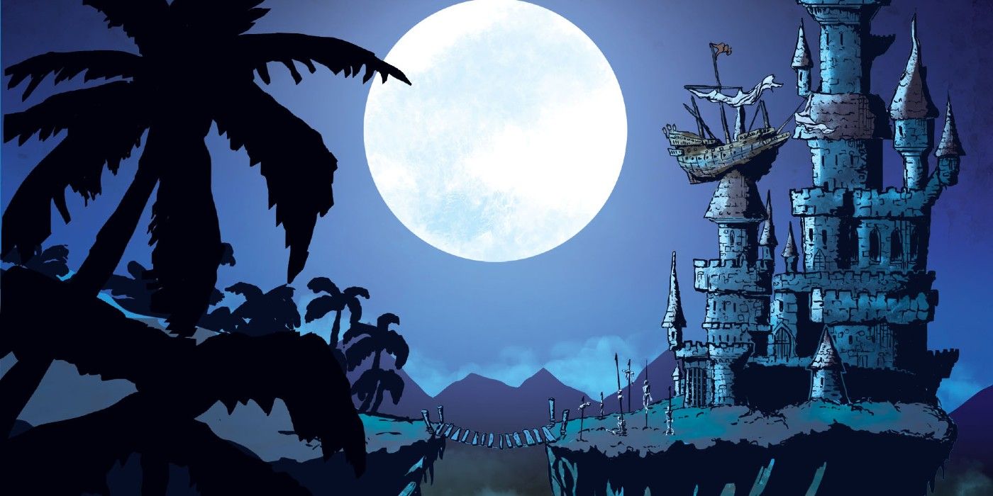 Pirate Borg artwork showing the shadows of palm trees in the foreground, with a castle and full moon in the background.