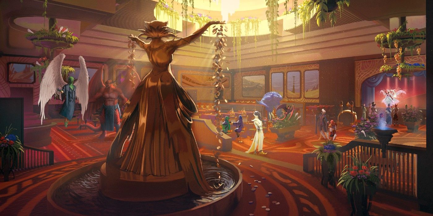 Planescape Casino, The Fortune&rsquo;s Wheel, with a statue and fountain in the foreground while patrons walk around the carpeted area.