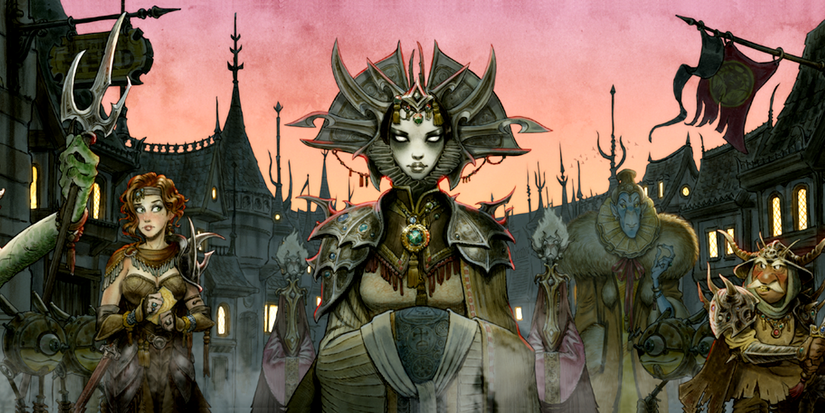 Planescape artwork showing off the various characters and races of Sigil.