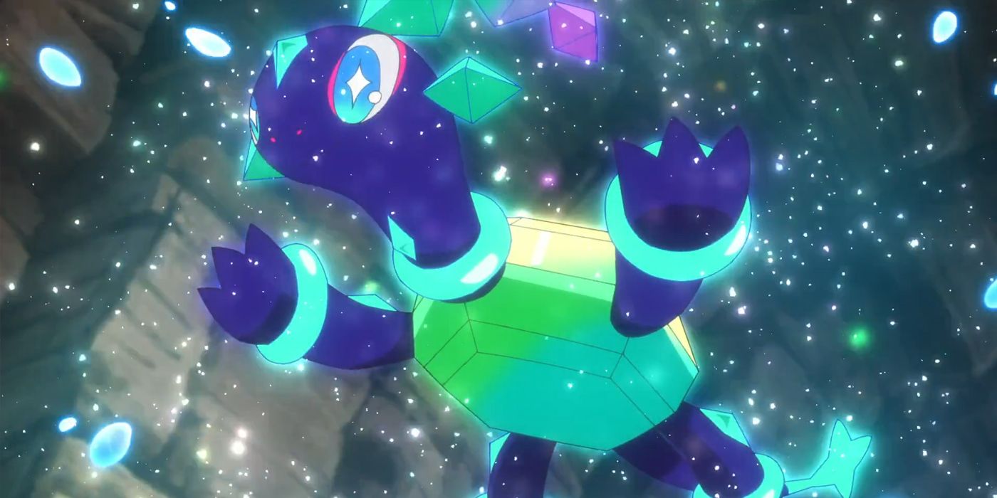 Pokemon: The crystal turtle Pokemon emerges from the pendant.