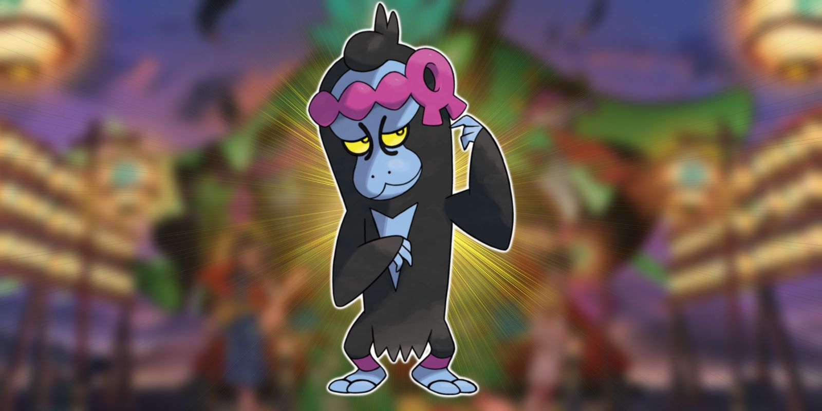 Munkidori superimposed over an image of Pokemon Scarlet Violet: Teal Mask, which is blurred.