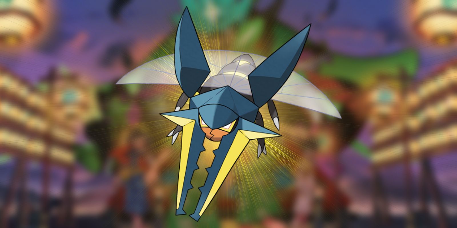 Vikavolt superimposed over an image of Pokemon Scarlet Violet: Teal Mask, which is blurred.
