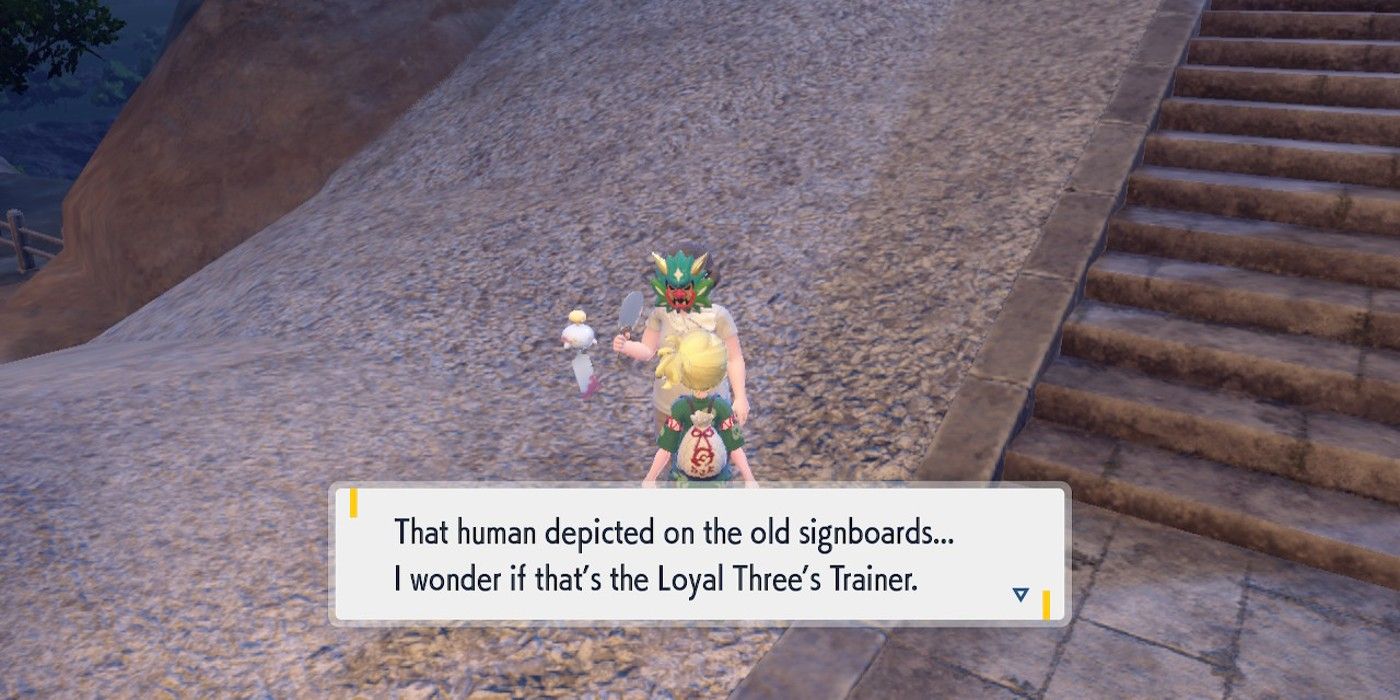 An NPC in Pokémon Scarlet and Violet&rsquo;s Teal Mask DLC discusses the possibility of the Loyal Three&rsquo;s trainer appearing on Kitakami&rsquo;s signboards.