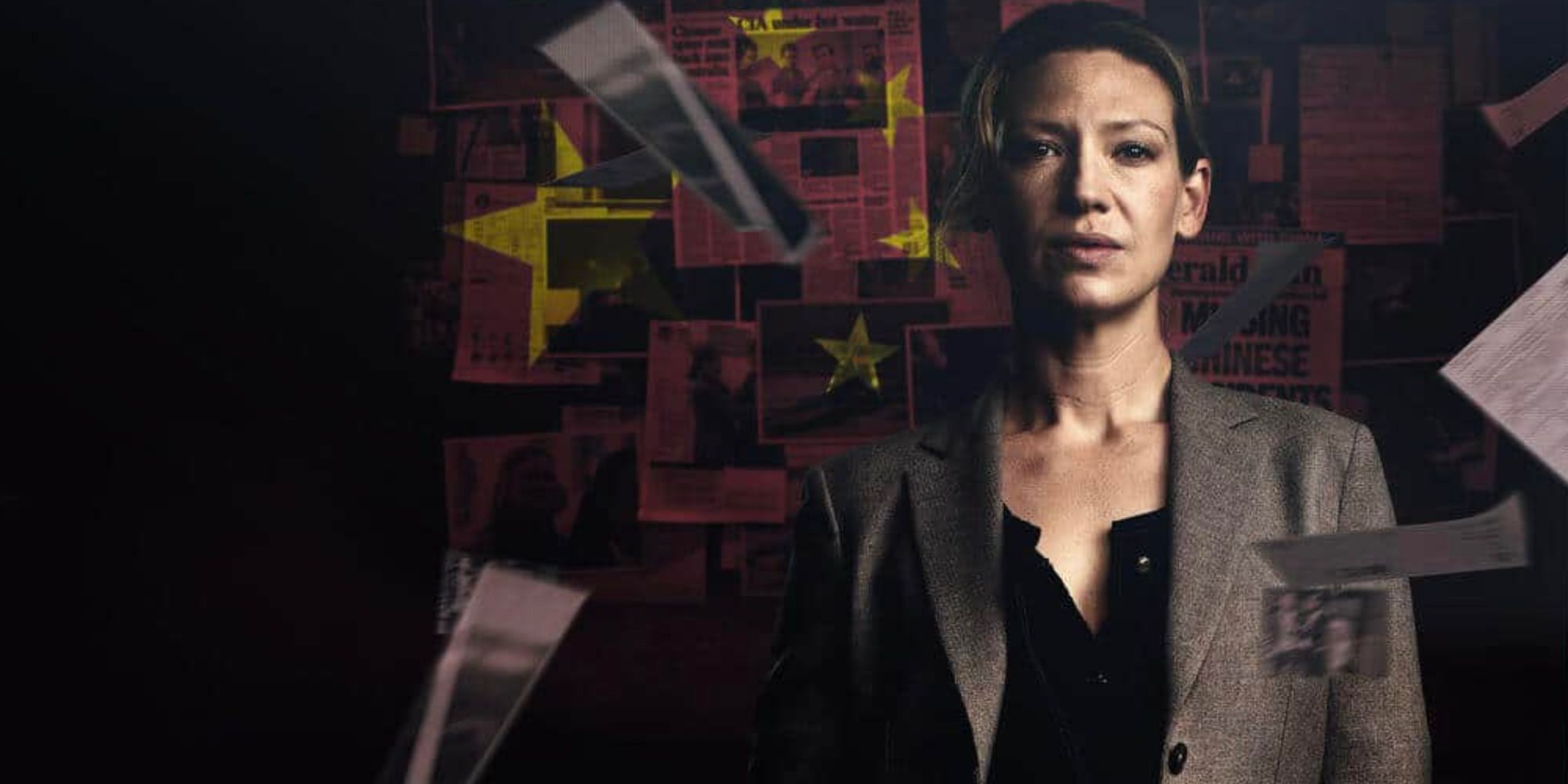 Poppy Montgomery with files and newspaper clippings around her in a promotional image for Secret City