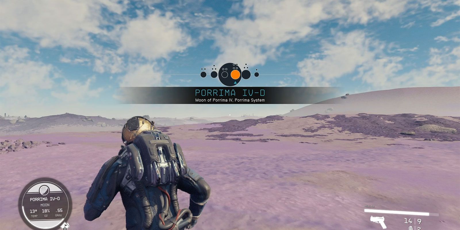 Purple Porrima IV-d planet with astronaut running in Starfield.