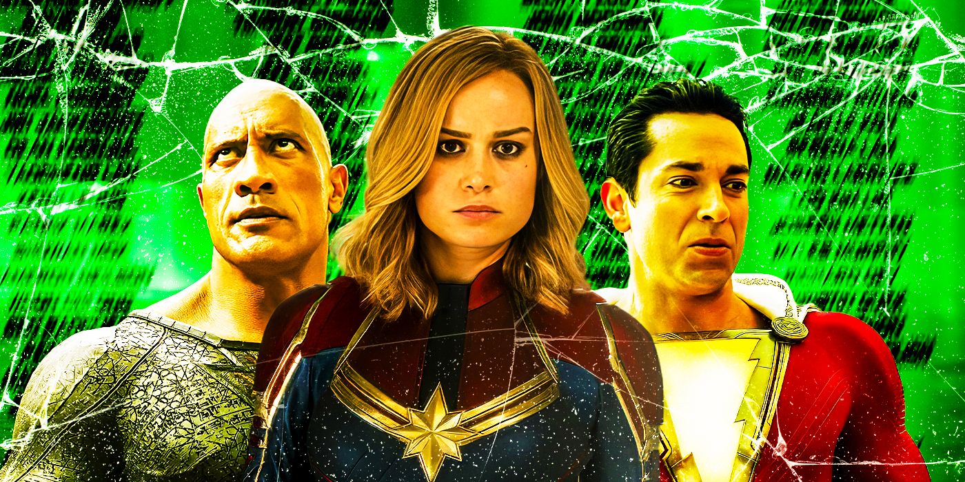 Dwayne Johnson, Brie Larson, and Zachary Levi as Black Adam, Captain Marvel and Shazam