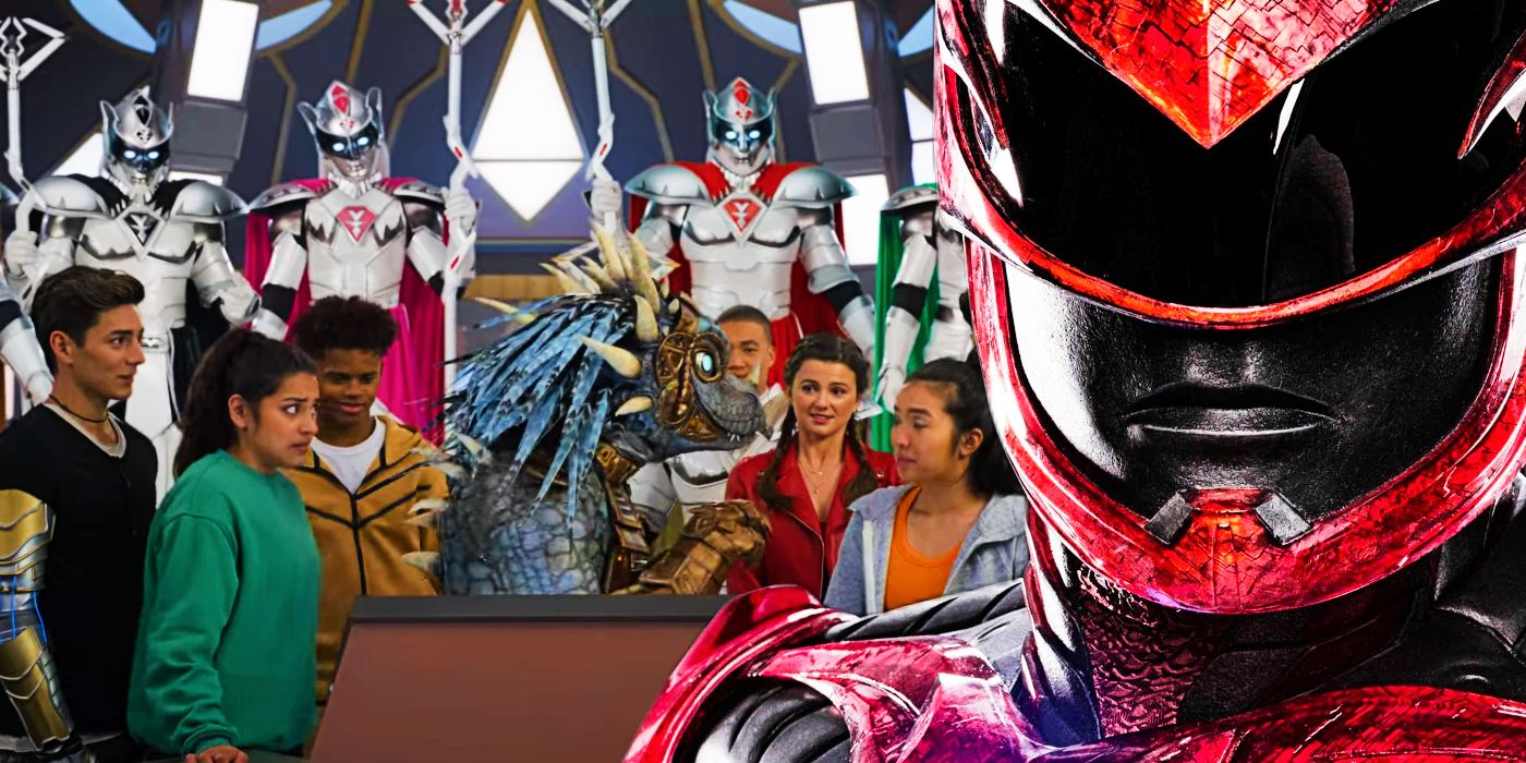 Power Rangers Cosmic Fury characters and the Red Ranger in Power Rangers 2017