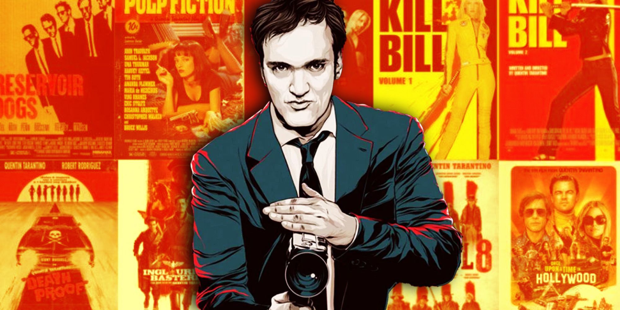 Um Quentin Tarantino animado com pôsteres de seus filmes ao fundo