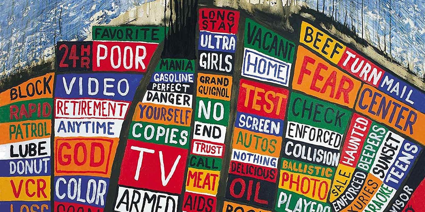 Radiohead Hail to the Thief cover art of a word collage.