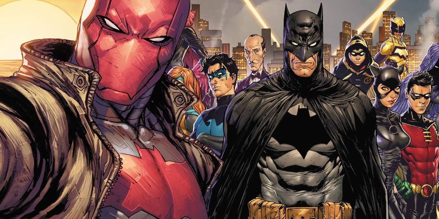 Red Hood is taking a selfie, in the background is Batman, Nightwing, Batgirl, and other Bat-Family members.