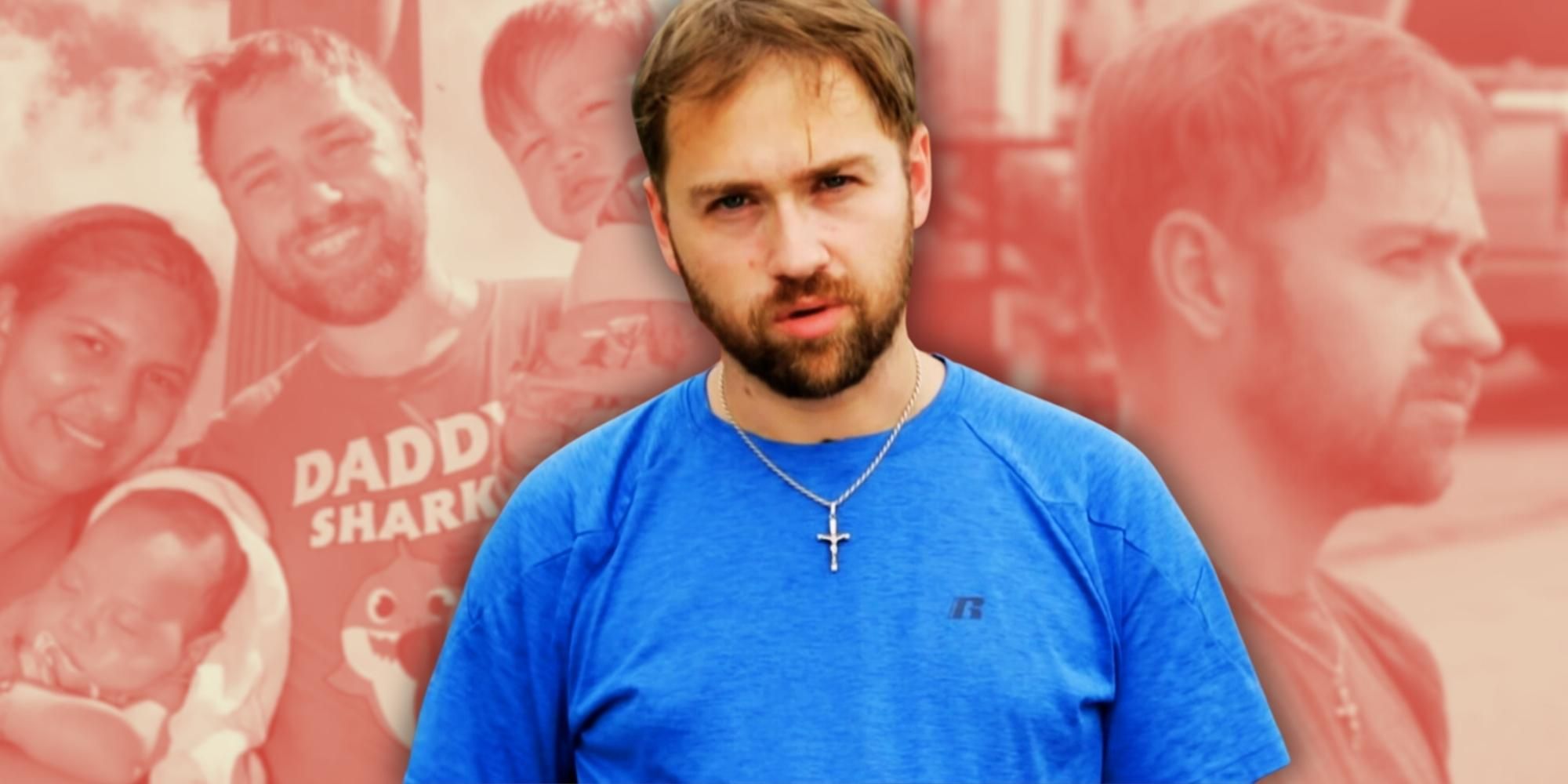 Montage of 90 Day Fiance's Paul Staehle looking serious in blue shirt faded red background