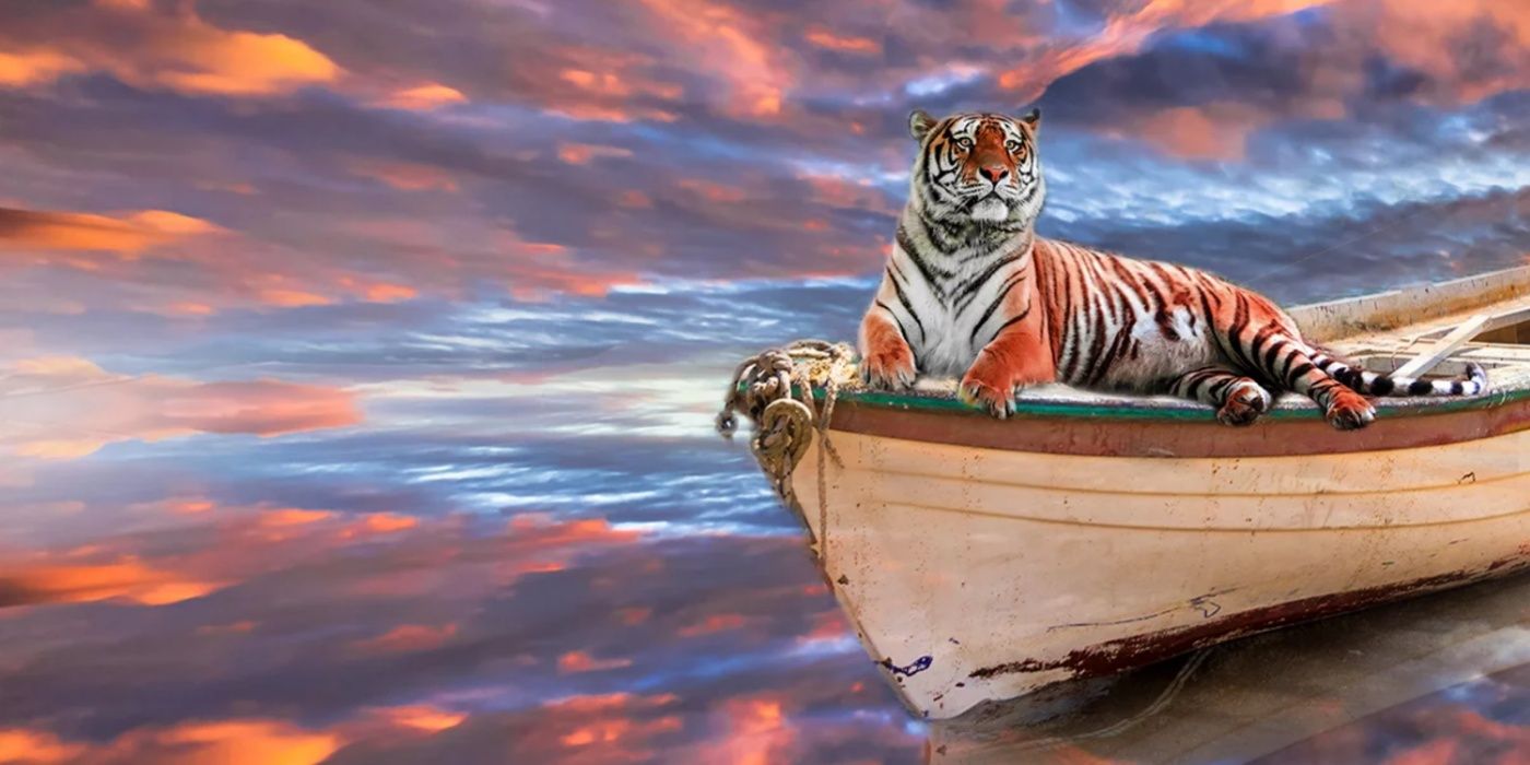 Richard Parker lying on the bow of a boat in Life of Pi.