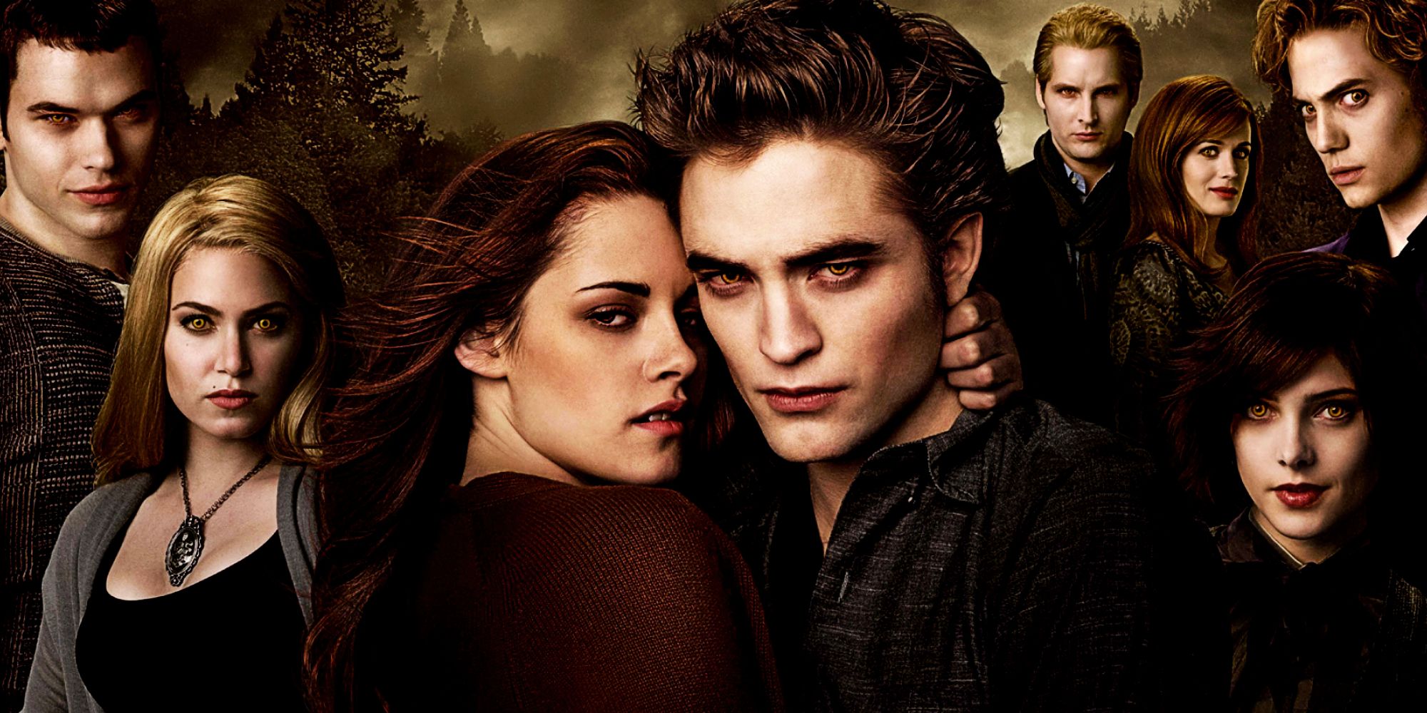 Robert Pattinson and Kristen Stewart as Edward Cullen and Bella Swan at the forefront of the Cullen family in the cropped Twilight New Moon Poster