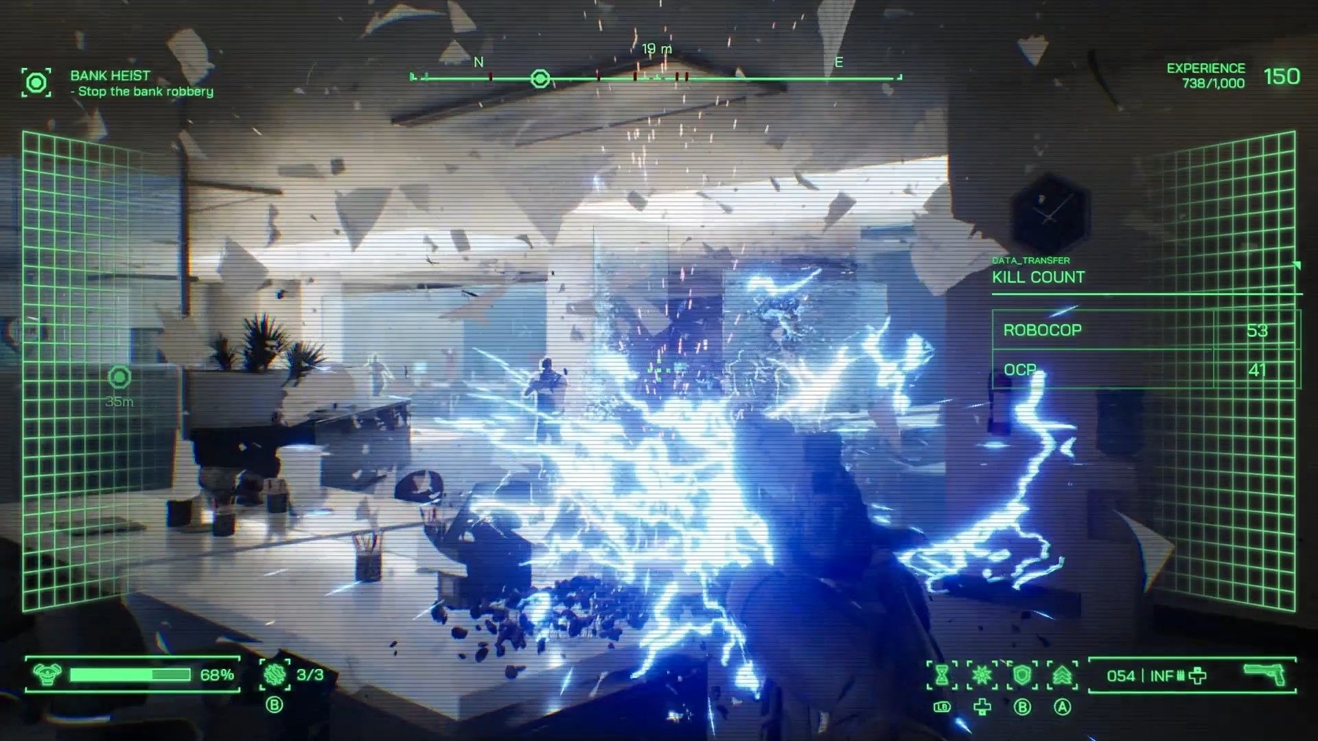 Screenshot from RoboCop Rogue City show’s gameplay in bank office with a computer exploding into white and blue lightning while player shoots at enemies across the room with paper and debris littering the air.