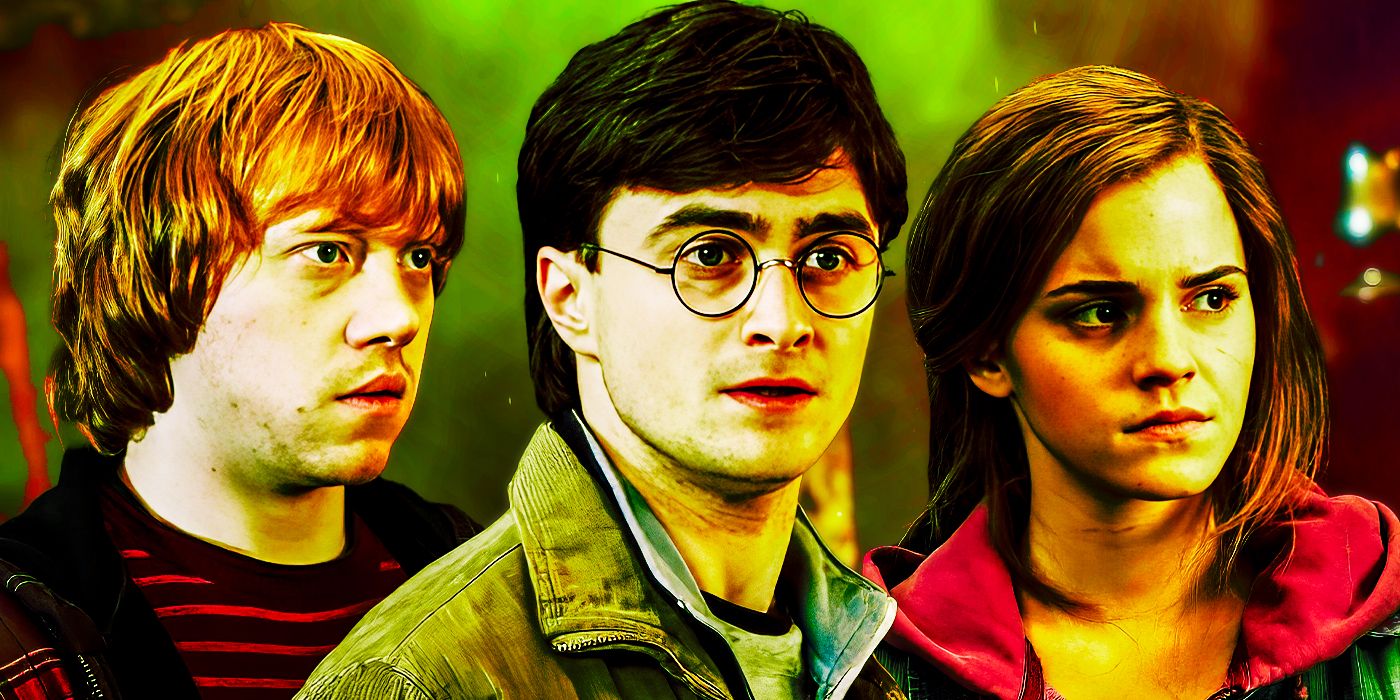 Ron Weasley, Harry Potter, and Hermione Granger in a blended image from the Harry Potter franchise